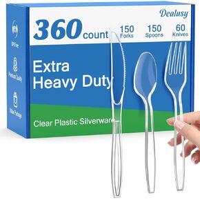 360 Count Extra Heavy Duty Clear Plastic Silverware, 150 Forks, 150 Spoons, 60 Knives, BPA-Free, Heat Resistant, Disposable Plastic Utensils Set, Plastic Cutlery Set, Plasticware Bulk for Party
