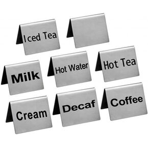 New Star Foodservice 27211 Stainless Steel Table Tent Sign Combo, Includes"Coffee","Decaf","Hot Tea","Iced Tea","Hot Water","Milk","Cream",and Blank, 2-Inch by 2-Inch, Combo Set of 8 in Kuwait
