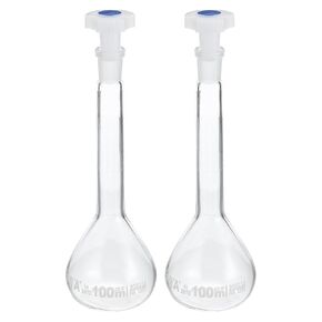 PATIKIL 100ml Volumetric Flask, 2Pcs 3.3 Borosilicate Glass Graduated Volumetric Measuring Flask with Plug Cap Tolerance 0.1ml for Lab Experiment, Clear