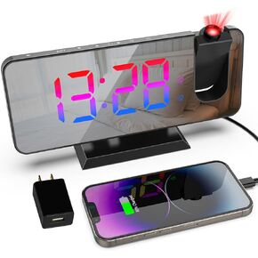 ساعة منبه إسقاط مع منافذ USB، ساعة عرض لسقف غرفة النوم، ساعة عرض رقمية LED، ساعات منبه مرآة مكتب لغرف النوم (أسود مع محول) in Kuwait