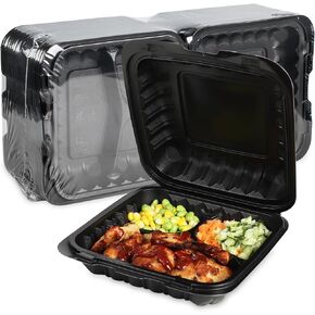Clamshell Food Containers, 55-Pack Plastic Black To Go Containers with Lids for Lunch 34 OZ Reusable BPA Free 3-Compartment MFPP Disposable To Go Boxes