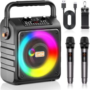 Karaoke Machine with 2 Wireless Microphones, Portable Karaoke System for Adults and Kids, PA System, LED Lights for Party, Karaoke Speaker Supports FM, TF Card, USB, AUX in, TWS, REC.