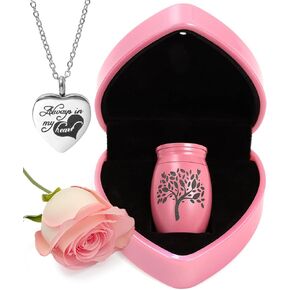 Mini Urns for Human Ashes Keepsake - Small Urns for Baby Girl Pink Tiny Urn Comes with Heart Box w/Light (Battery Replaceable) - Little Miniature Urns for Human Ashes with Urn Necklaces & Funnel