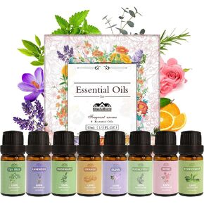 8 Pack Organic Aromatherapy Essential Oil Set, Pure Essential Oil Kit for Diffusers for Home, Peppermint, Lavender, Eucalyptus, Tea Tree,Rose, Rosemary, Clove & Orange Fragrance Oil for Candle Making