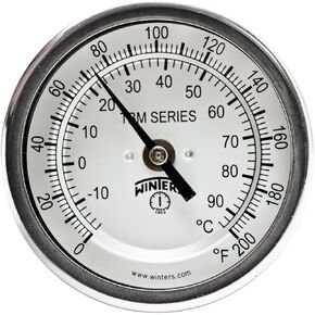 مقياس حرارة ثنائي المعدن من سلسلة Winters TBM من الفولاذ المقاوم للصدأ 304، ساق 2-1/2 بوصة، وصلة تركيب خلفية مركزية ثابتة 1/2 بوصة NPT، قرص 3 بوصة، نطاق 0-200 F/C in Kuwait