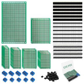 174-Piece PCB Circuit Board Prototype Kit - Double-Sided Perf Boards in 6 Sizes (Large, Medium, Small), Compatible with Arduino, includes 40-Pin 2.54mm Male and Female Headers