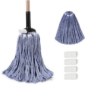 Eyliden String Mop with 2 Reusable Heads, Non-Touch Replacement Mops for Floor Cleaning, 4 Scouring Pads Adjustable Handle Floor Mop, Wet and Dry Cotton Mop for Any Surfaces, Commercial Home, Blue