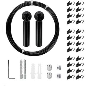 Wall Mount Curtain Wire Rod Kit Stainless Steel Picture Hanging Wire with 24 Hanging Clips Clothesline Wire Multi-Purpose Curtain Rod Set(Black)