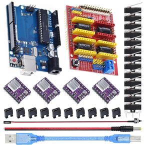CNC Shield V3.0 CNC Expansion Board 3D Printer CNC Kit with Development Board, DRV8825 Stepper Motor Driver Module, Jumper Cap, Printer Cable, DC Power Cable, Limit Switch, Power Switch