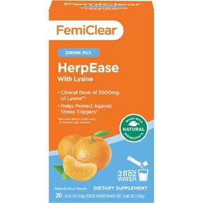 FemiClear HerpEase with L-Lysine 3000mg Dietary Supplement Drink Mix with Zinc 11mg Vitamins A and C 900mg Sensoril Ashwaganda 250mg Stevia Extract 60mg