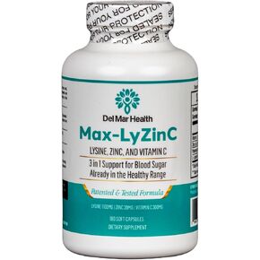 Max-LyZinC: L-Lysine 1100mg + Zinc 6 mg + Vitamin C 100 mg - 3-in-1 Supplement for Maintaining Blood Sugar already in The healthy range - 180 Capsules / 3-day supply