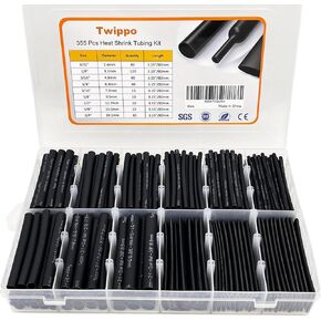 Heat Shrink Tubing Kit 355pcs - 3:1 Dual Wall Adhesive Lined - Electrical Waterproof Industrial Heat-Shrink Tubing Terminals- Marine Grade Wire Connector Shrink Wrap Tube - 3.15" Length - Black