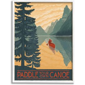 Stupell Industries Paddle Your Own Canoe Phrase Mountain Lake Adventure, Designed by Janelle Penner White Framed Wall Art, 24 x 30, Green