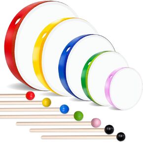 5 Pcs Kids Hand Drums Wood Frame Drum Set with Drum Stick 12 Inch 10 Inch 8 Inch 6 Inch 4 Inch Multicolor Percussion Musical Instruments for School Kids Adults Beginners Home Party Supplies