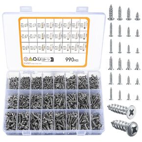 990pcs Self Tapping Screws Assortment Set, M3/M4/M5/M6 Stainless Steel Sheet Metal Screws, Phillips Drive Wood ScrewsSet for Deck Drywall Concrete Screws(500pcs Flat Head, 490pcs Round Hea)