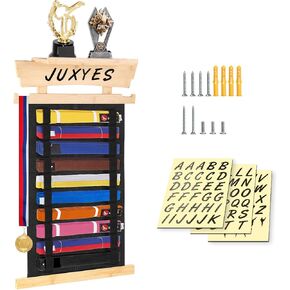 JUXYES Wall Hanging Martial Arts Belts Organizer with Trophy and Medal Display Rack, Bamboo Karate Belt Display Holder Rack, Wall Mounted Taekwondo Belt Display Holder for Martial Arts Learners