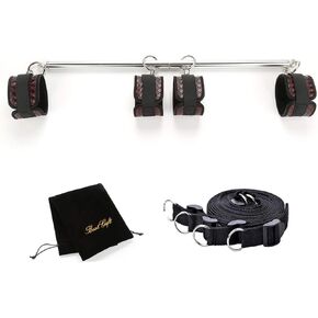 EXREIZST Silver Adjustable Spreader Bar Set with 4 Adjustable Fur Brown Straps Sports Training Fitness Gear Home Indoor Gyms