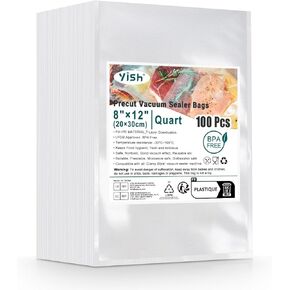 Vacuum Sealer Bags for Food: 100 Quart 8"×12" Precut Bags for Food Saver, Commercial Grade, BPA Free, Heavy Duty Food Sealing Bags for Storage, Meal Prep, Sous Vide