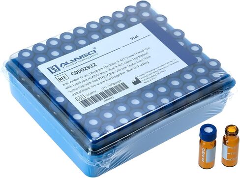 قوارير فائقة التنظيف لمجموعة اللوني، قارورة HPLC 2 مل 9 مم، قارورة كهرمانية لأخذ العينات التلقائية مع التخرج، غطاء لولبي أزرق 9-425 مع فتحة، PTFE أحمر وحاجز سيليكون أبيض، 100 عبوة in Kuwait