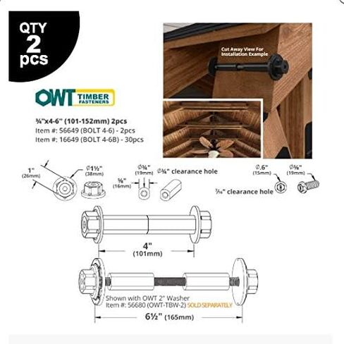 Ozco Building Products 56649 3/4-inch by 4-inch to 6-inch OWT Timber Bolts (2 per Pack), Black in Saudi Arabia