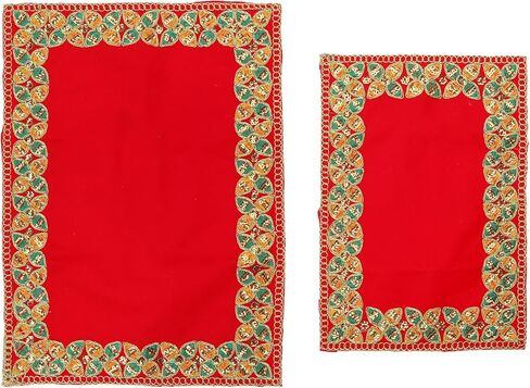 مجموعة Red Velvet Pooja Mat Aasan مكونة من قطعتين من قماش Puja المزخرف لديكورات المهرجانات الهندية التقليدية متعددة الأغراض (كبيرة 13 بوصة × 9 بوصة) (صغيرة 10 بوصة × 7 بوصة) in Saudi Arabia