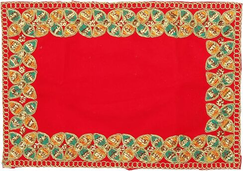 مجموعة Red Velvet Pooja Mat Aasan مكونة من قطعتين من قماش Puja المزخرف لديكورات المهرجانات الهندية التقليدية متعددة الأغراض (كبيرة 13 بوصة × 9 بوصة) (صغيرة 10 بوصة × 7 بوصة) in Saudi Arabia