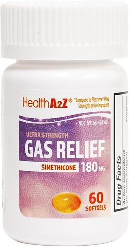 HealthA2Z® Gas Relief 60 Counts | Simethicone 180mg | Ultra Strength | Relieves from Stomach Discomfort and Gas | Anti Flatulence | Relieves Gas Fast in Saudi Arabia