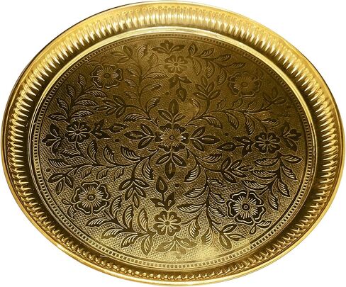 Satvik 10 بوصة نحاس منقوش Pujan Thali من أجل Puja/Pooja منقوش بالنحاس الهندي Bhog لوحة Karwa Chauth لوحة طقوس هندوسية Thali Pooja عناصر للمنزل والمعبد in Kuwait