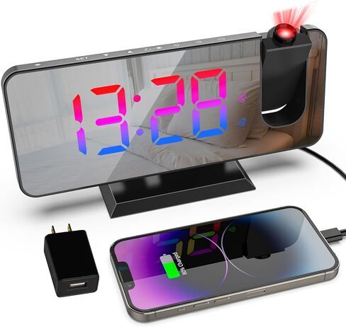 ساعة منبه إسقاط مع منافذ USB، ساعة عرض لسقف غرفة النوم، ساعة عرض رقمية LED، ساعات منبه مرآة مكتب لغرف النوم (أسود مع محول) in Kuwait
