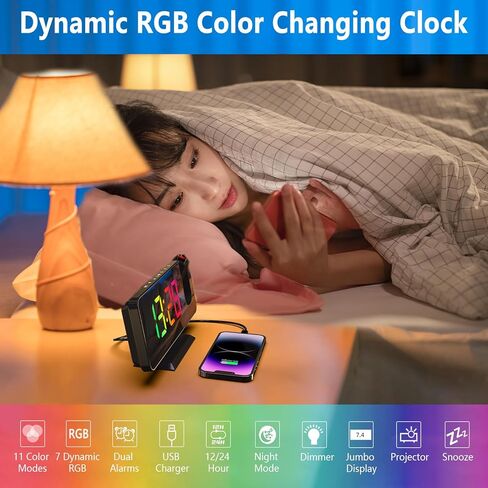 ساعة منبه إسقاط مع منافذ USB، ساعة عرض لسقف غرفة النوم، ساعة عرض رقمية LED، ساعات منبه مرآة مكتب لغرف النوم (أسود مع محول) in Kuwait