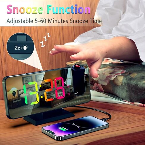 ساعة منبه إسقاط مع منافذ USB، ساعة عرض لسقف غرفة النوم، ساعة عرض رقمية LED، ساعات منبه مرآة مكتب لغرف النوم (أسود مع محول) in Kuwait
