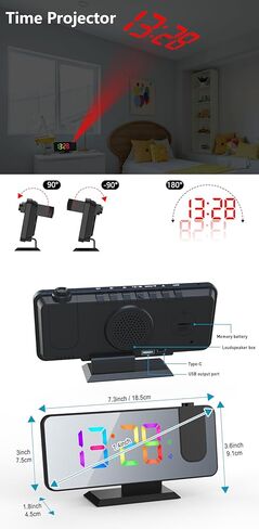ساعة منبه إسقاط مع منافذ USB، ساعة عرض لسقف غرفة النوم، ساعة عرض رقمية LED، ساعات منبه مرآة مكتب لغرف النوم (أسود مع محول) in Kuwait