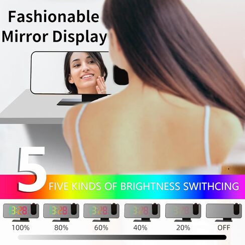 ساعة منبه إسقاط مع منافذ USB، ساعة عرض لسقف غرفة النوم، ساعة عرض رقمية LED، ساعات منبه مرآة مكتب لغرف النوم (أسود مع محول) in Kuwait