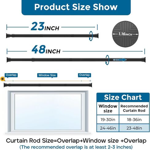 AIZESI Tension Rod 23 to 48 Inch, 1Pcs Black Tension Rod Tension Curtain Rod, Spring Tension Rod No Drilling Adjustable Curtain Rod for window，kitchen，closet，doorway in Saudi Arabia
