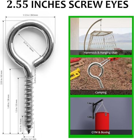 M6 10 Pcs 304 Stainless Steel Screws Eye,2.56 Inch Screw Self Tapping Eye,Load Bearing 200LB, Duty Eye Bolt for Wood Securing Cables Wire,Indoor & Outdoor Use (10, M6 2.56 Inch) in Kuwait