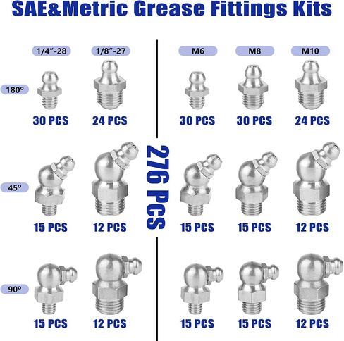 276 PCS SAE & Metric Grease Fittings Kit, Hydraulic Grease Zerks Fittings Standard with 1/4", 1/8" M6 M8 M10 Straight, 90 Degree, 45 Degree Angled in Saudi Arabia
