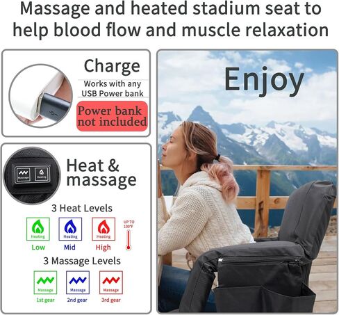 Heated Stadium Seat for Bleachers 21 Inch - Massage Seats with Back Support, Bleacher Chairs Arm Support Cushion, 3 Levels of Heat&Massage, 6 Reclining Positions, Pockets Folding Chair Outdoor Sports in Saudi Arabia