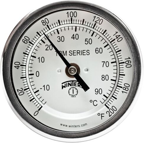 مقياس حرارة ثنائي المعدن من سلسلة Winters TBM من الفولاذ المقاوم للصدأ 304، ساق 2-1/2 بوصة، وصلة تركيب خلفية مركزية ثابتة 1/2 بوصة NPT، قرص 3 بوصة، نطاق 0-200 F/C in Kuwait