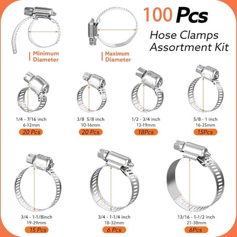 62 Pcs Hose Clamps 304 Stainless Steel Hose Clamp Assortment Kit 1/4''–1-1/2''(6-38mm) Worm Gear Clamps for Fuel Line, Plumbing, Automotive in Saudi Arabia