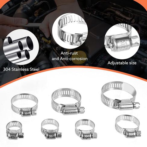 62 Pcs Hose Clamps 304 Stainless Steel Hose Clamp Assortment Kit 1/4''–1-1/2''(6-38mm) Worm Gear Clamps for Fuel Line, Plumbing, Automotive in Saudi Arabia