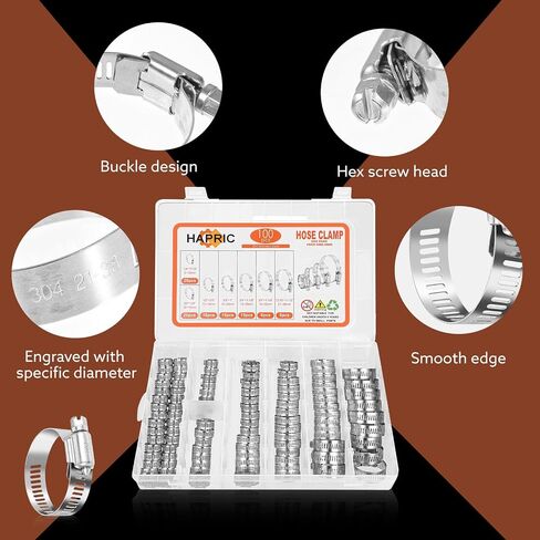 62 Pcs Hose Clamps 304 Stainless Steel Hose Clamp Assortment Kit 1/4''–1-1/2''(6-38mm) Worm Gear Clamps for Fuel Line, Plumbing, Automotive in Saudi Arabia