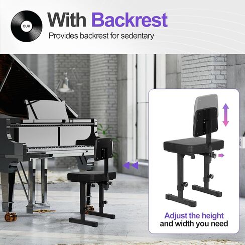 Adjustable Piano Bench with Backrest, Music Keyboard Bench Seat Piano Stool with Black Padded Cushion, Piano Stool Chair for Keyboard Stand, Musicians, Children and Adult in Kuwait