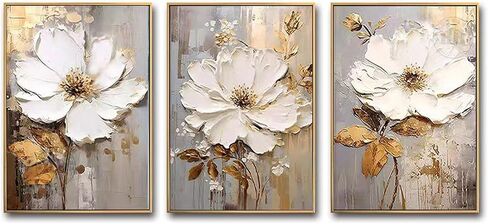 Generic 3PCS Gold Frame Floral Wall Art for Living Room,Hand-Painted Flower Canvas Oil Painting for Bedroom, Modern Wall Pictures for Offiice Ready to Hang 28x60inches, White,Gold,Grey in Saudi Arabia