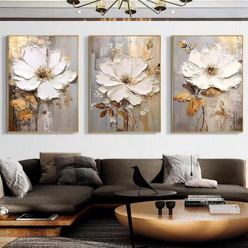 Generic 3PCS Gold Frame Floral Wall Art for Living Room,Hand-Painted Flower Canvas Oil Painting for Bedroom, Modern Wall Pictures for Offiice Ready to Hang 28x60inches, White,Gold,Grey in Saudi Arabia