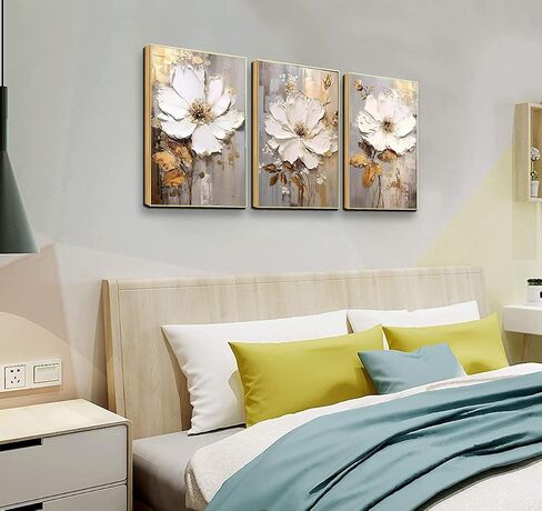 Generic 3PCS Gold Frame Floral Wall Art for Living Room,Hand-Painted Flower Canvas Oil Painting for Bedroom, Modern Wall Pictures for Offiice Ready to Hang 28x60inches, White,Gold,Grey in Saudi Arabia