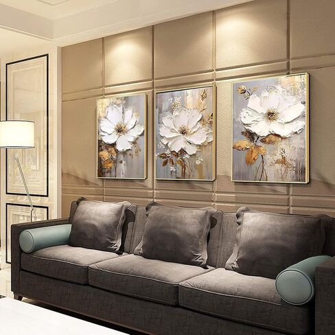 Generic 3PCS Gold Frame Floral Wall Art for Living Room,Hand-Painted Flower Canvas Oil Painting for Bedroom, Modern Wall Pictures for Offiice Ready to Hang 28x60inches, White,Gold,Grey in Saudi Arabia