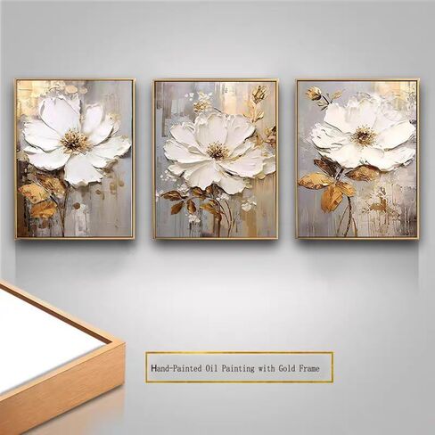 Generic 3PCS Gold Frame Floral Wall Art for Living Room,Hand-Painted Flower Canvas Oil Painting for Bedroom, Modern Wall Pictures for Offiice Ready to Hang 28x60inches, White,Gold,Grey in Saudi Arabia
