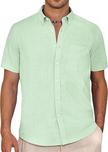 Alimens & Gentle Mens Linen Shirt Short Sleeve Casual Cotton Button-Down Shirts Collared Summer Beach Shirts in Kuwait