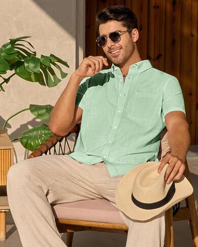 Alimens & Gentle Mens Linen Shirt Short Sleeve Casual Cotton Button-Down Shirts Collared Summer Beach Shirts in Kuwait
