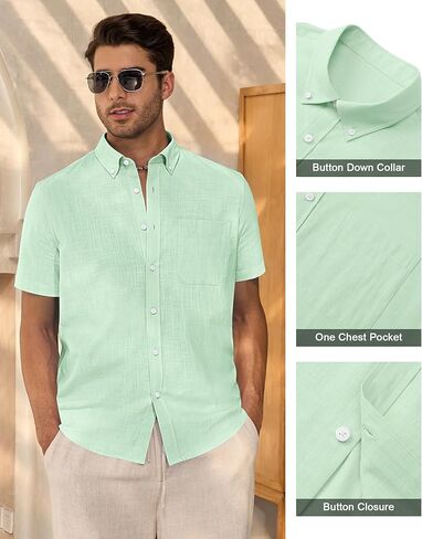 Alimens & Gentle Mens Linen Shirt Short Sleeve Casual Cotton Button-Down Shirts Collared Summer Beach Shirts in Kuwait